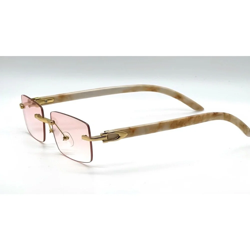 Mens Rimless Rectangle Sunglasses‎ Gold Pink Gradient Lens Marble C-Decor Hinge
